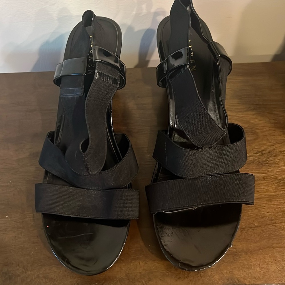 Size 11B Black Strappy Wedge Sandals Slip On Lauren by Ralph Lauren